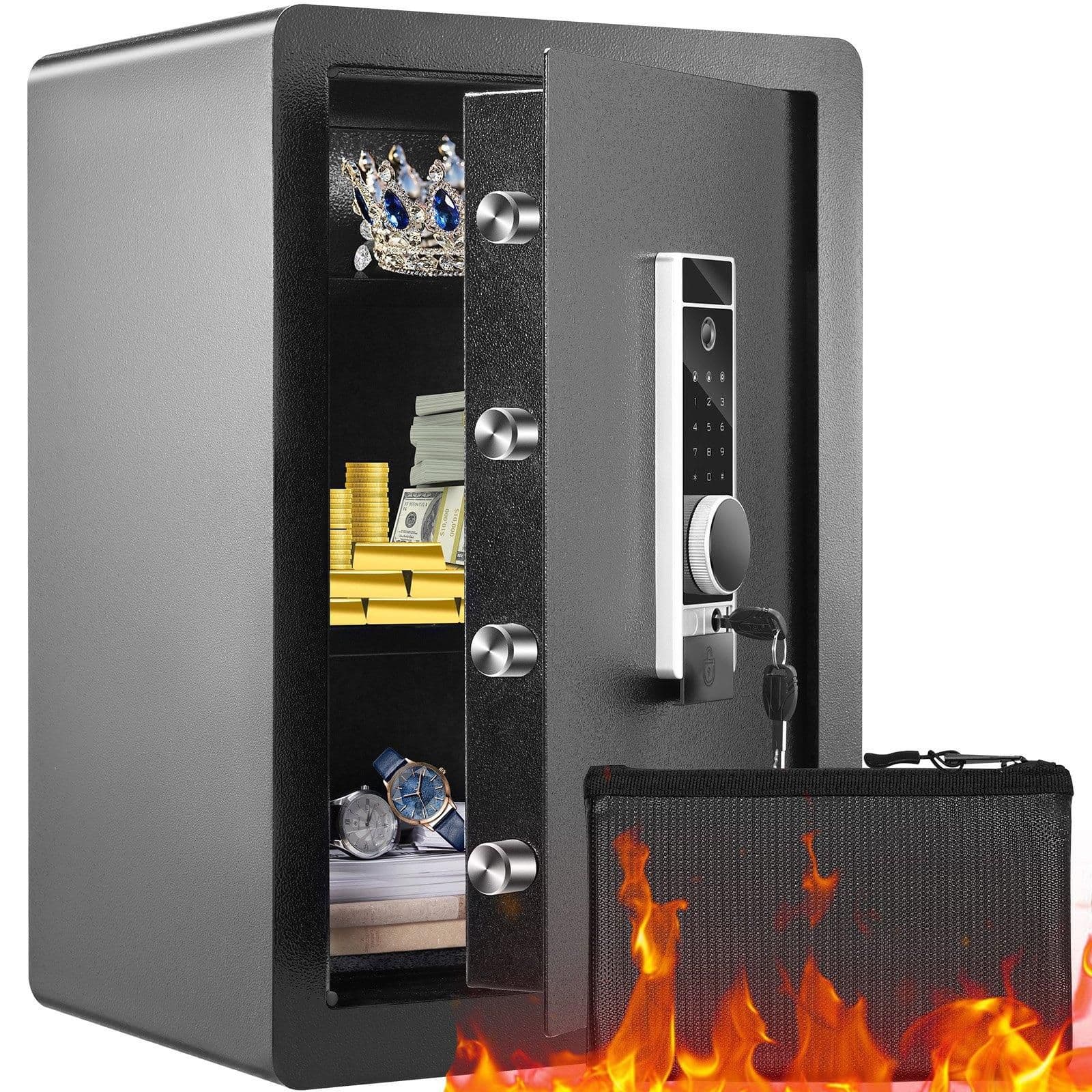 image-VEVOR Safe, 2.2 Cubic Feet Home Safe, Steel Security Safe with Fingerprint, Digital Keypad and 2 Keys, Cabinet Safe with Large Fire-proof Bag, Protect Cash, Gold, Jewelry, Documents, 15.8x13x23.6 inch