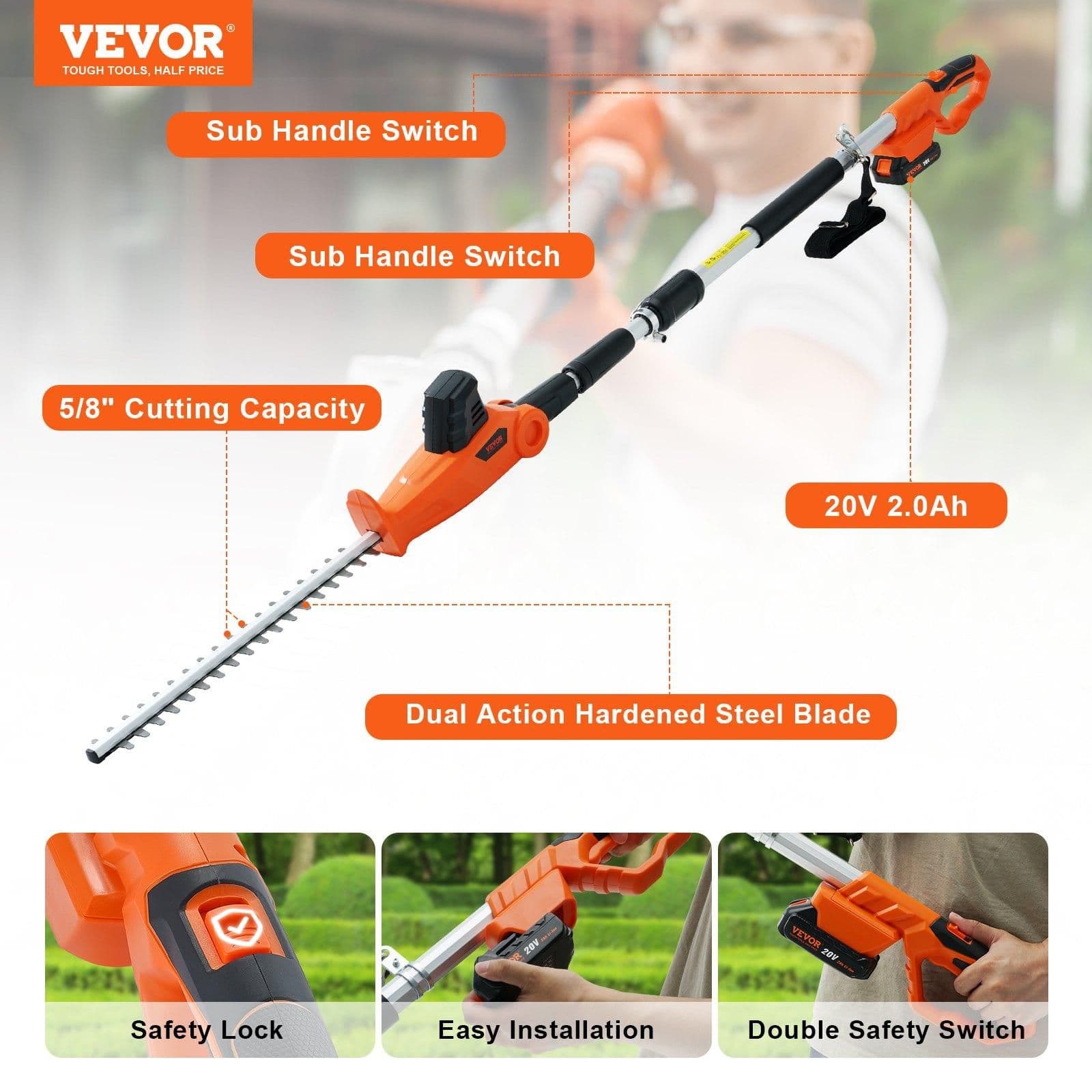 image-VEVOR 20V Cordless Hedge Trimmer, 18 inch Double-edged Steel Blade, Pole Hedge Trimmer Kit 20V Battery, Fast Charger Included, 74"-94" Telescoping Design for High Branches