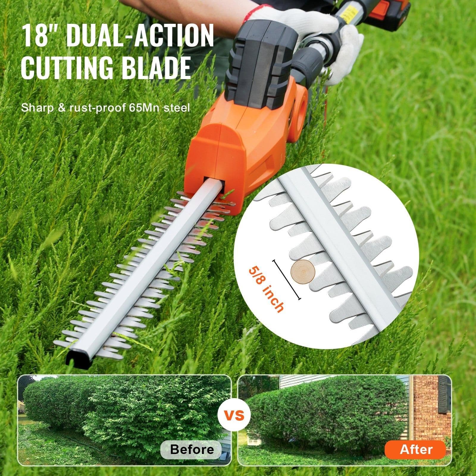 image-VEVOR 20V Cordless Hedge Trimmer, 18 inch Double-edged Steel Blade, Pole Hedge Trimmer Kit 20V Battery, Fast Charger Included, 74"-94" Telescoping Design for High Branches
