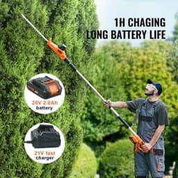 image-VEVOR 20V Cordless Hedge Trimmer, 18 inch Double-edged Steel Blade, Pole Hedge Trimmer Kit 20V Battery, Fast Charger Included, 74"-94" Telescoping Design for High Branches