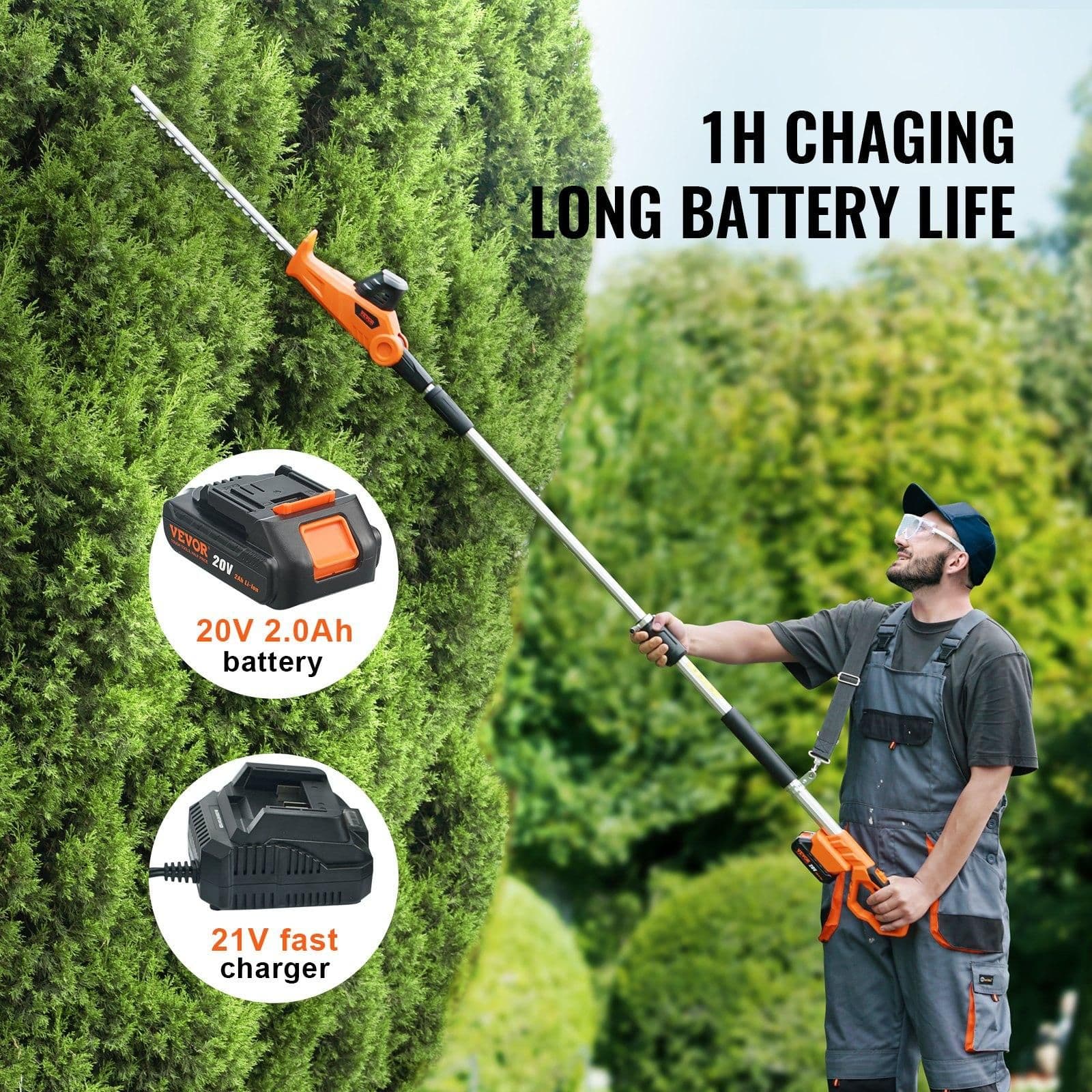 image-VEVOR 20V Cordless Hedge Trimmer, 18 inch Double-edged Steel Blade, Pole Hedge Trimmer Kit 20V Battery, Fast Charger Included, 74"-94" Telescoping Design for High Branches