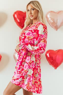image-Floral Print High Waist V Neck Babydoll Mini Dress - Red (57 characters)