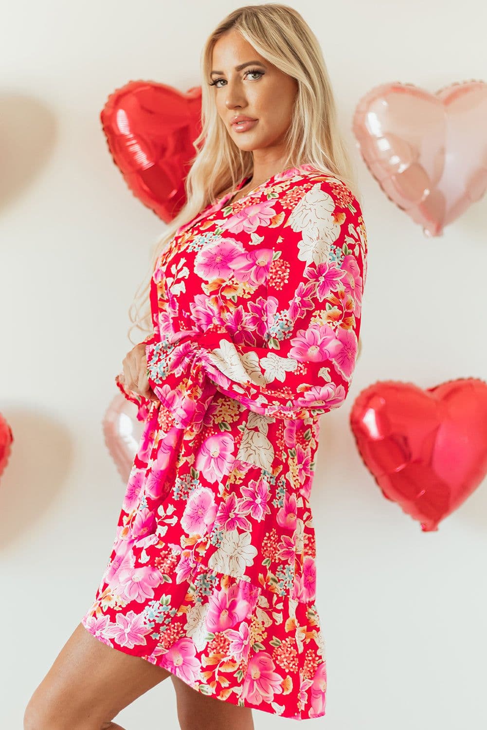 image-Floral Print High Waist V Neck Babydoll Mini Dress - Red (57 characters)