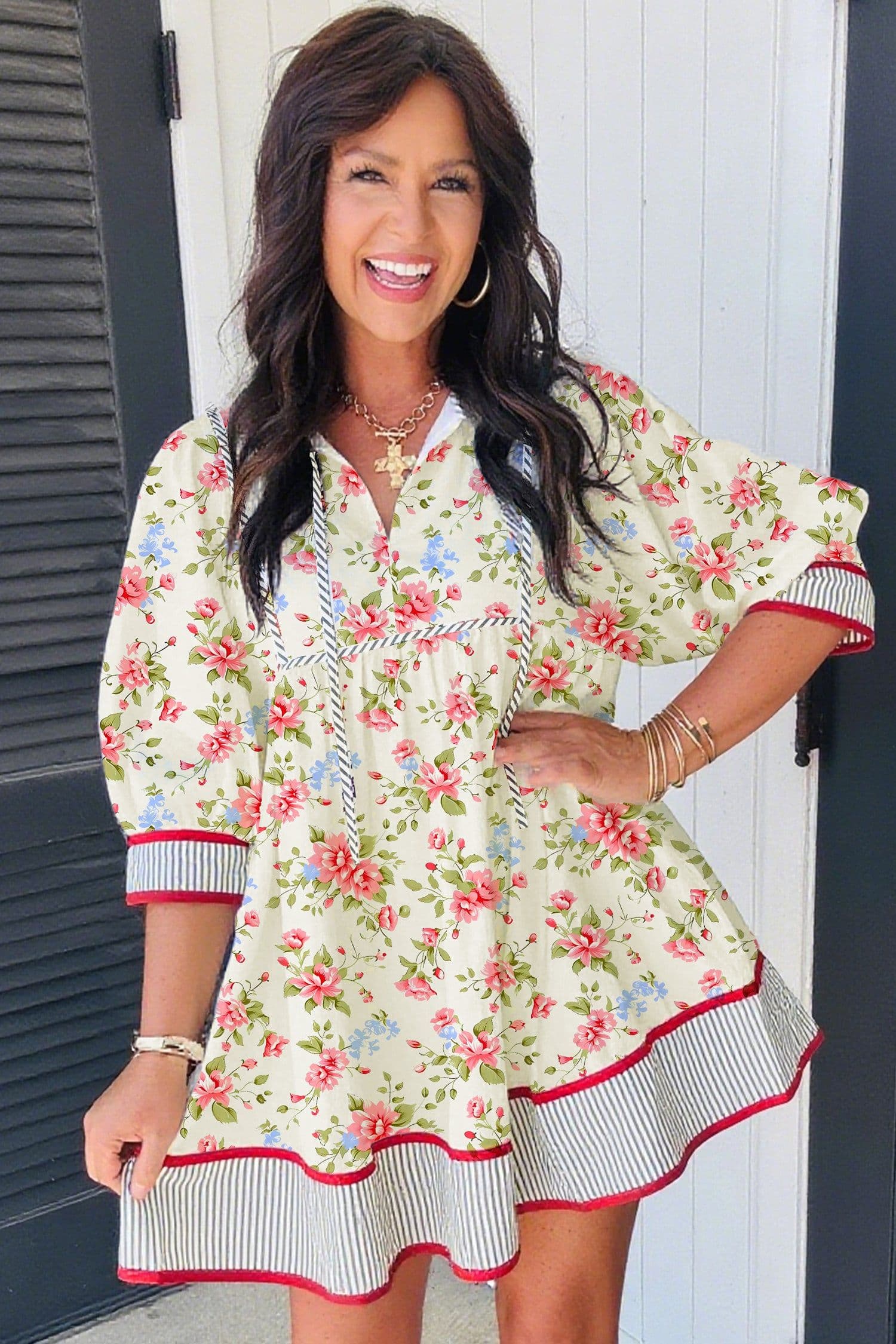 image-Apricot Striped Edge 3/4 Puff Sleeve Floral Dress