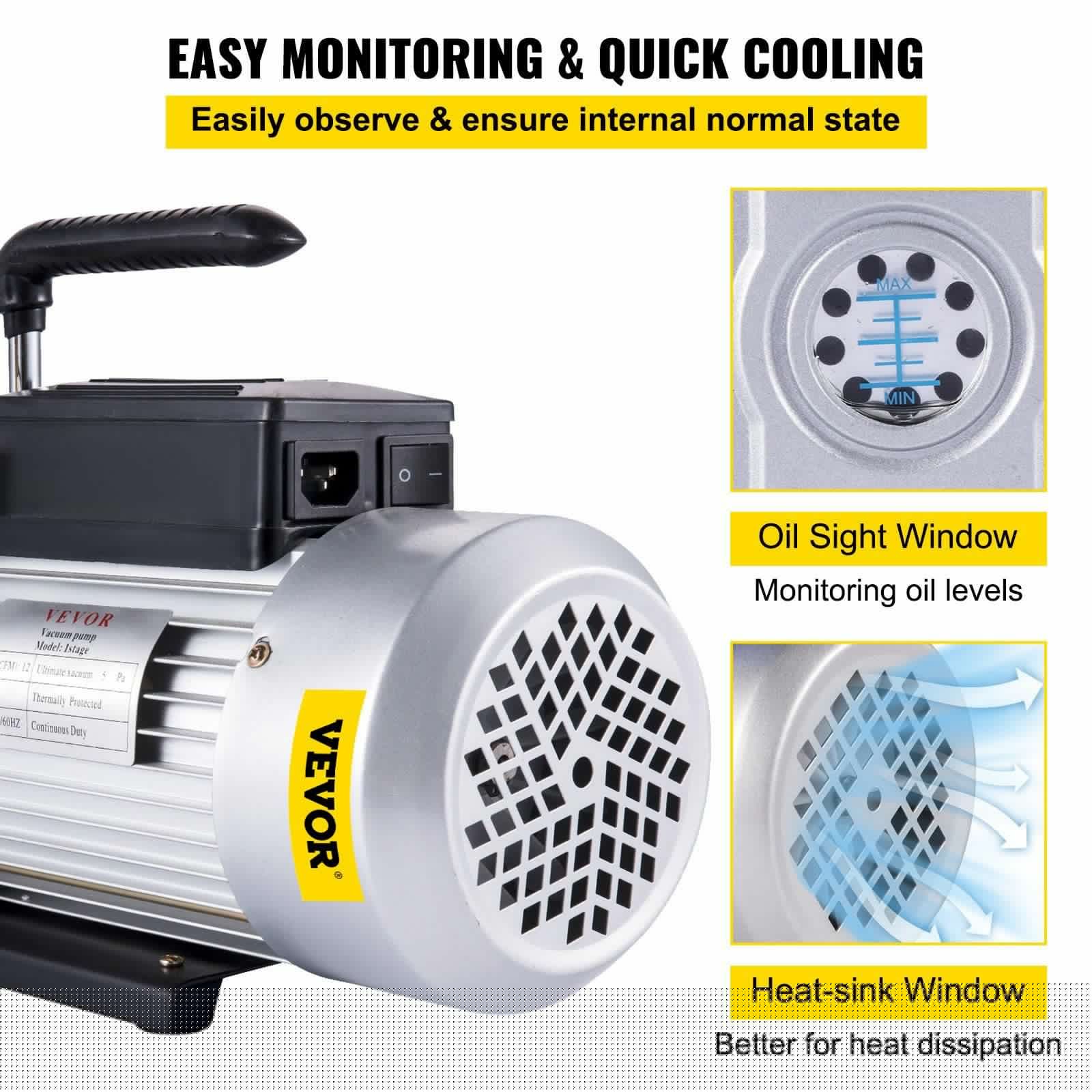 image-VEVOR Vacuum Pump 12CFM 1 HP Single Stage Air Conditioning Vacuum Pump 110V 5PA Ultimate Vacuum Refrigerant HVAC Air Tool Rotary Vane Vacuum Pump for Automobile Vacuum Evacuation (1-Stage, 12CFM)