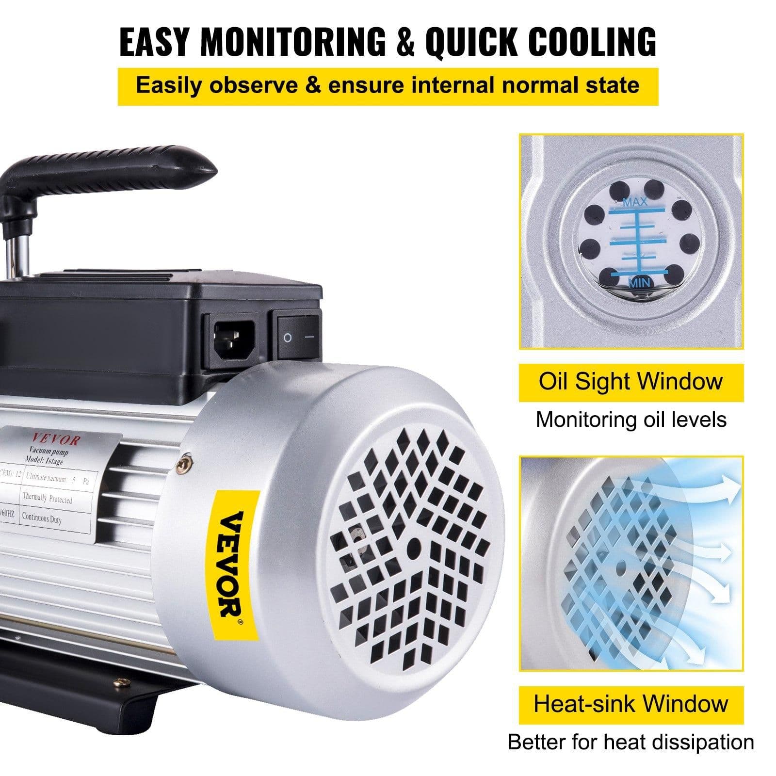 image-VEVOR Vacuum Pump 12CFM 1 HP Single Stage Air Conditioning Vacuum Pump 110V 5PA Ultimate Vacuum Refrigerant HVAC Air Tool Rotary Vane Vacuum Pump for Automobile Vacuum Evacuation (1-Stage, 12CFM)