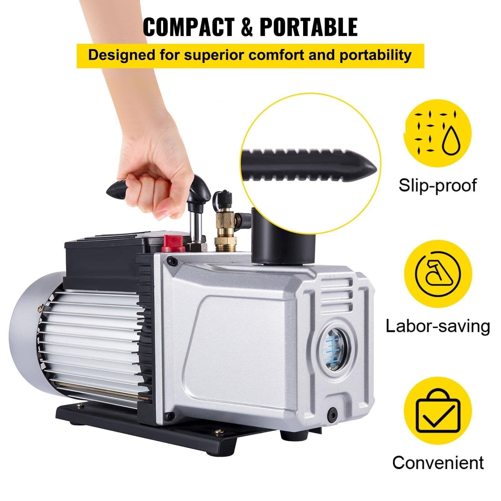 image-VEVOR Vacuum Pump 12CFM 1 HP Single Stage Air Conditioning Vacuum Pump 110V 5PA Ultimate Vacuum Refrigerant HVAC Air Tool Rotary Vane Vacuum Pump for Automobile Vacuum Evacuation (1-Stage, 12CFM)