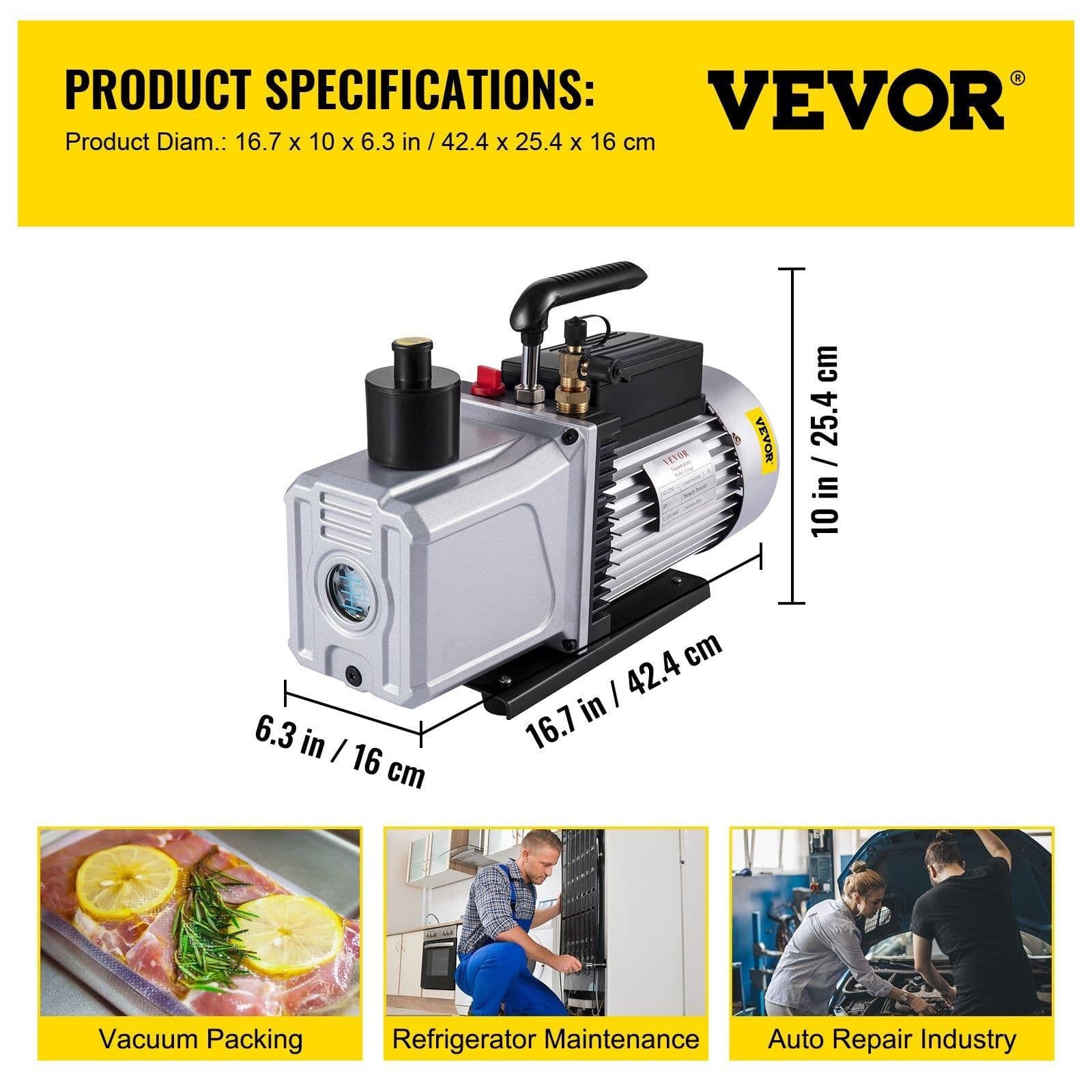 image-VEVOR Vacuum Pump 12CFM 1 HP Single Stage Air Conditioning Vacuum Pump 110V 5PA Ultimate Vacuum Refrigerant HVAC Air Tool Rotary Vane Vacuum Pump for Automobile Vacuum Evacuation (1-Stage, 12CFM)