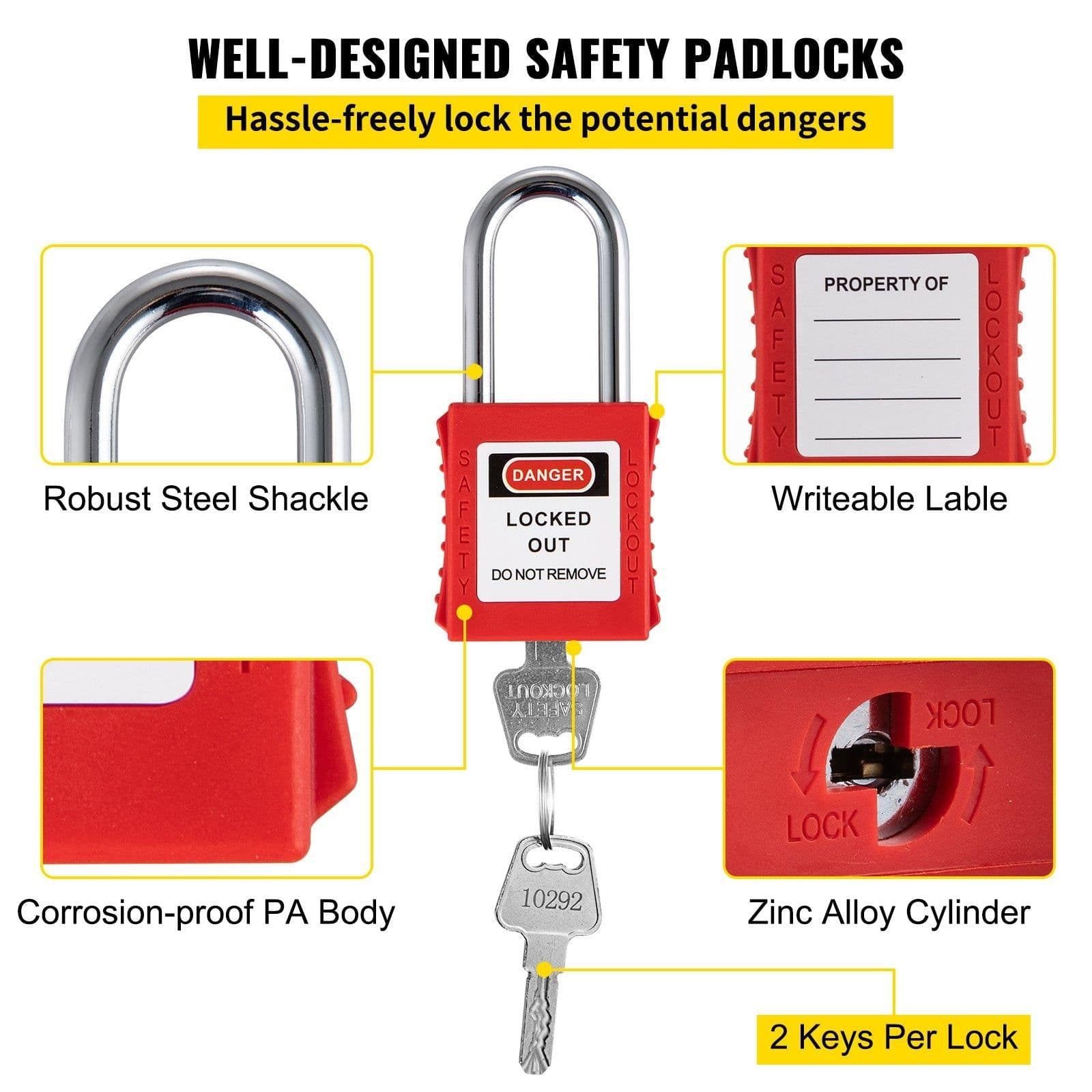 image-VEVOR 43 PCS Lockout Tagout Kits, Electrical Safety Loto Kit Includes Padlocks, 5 Kinds of Lockouts, Hasps, Tags & Ties, Box, Lockout Safety Tools for Electrical Risk Removal in Industrial, Machinery