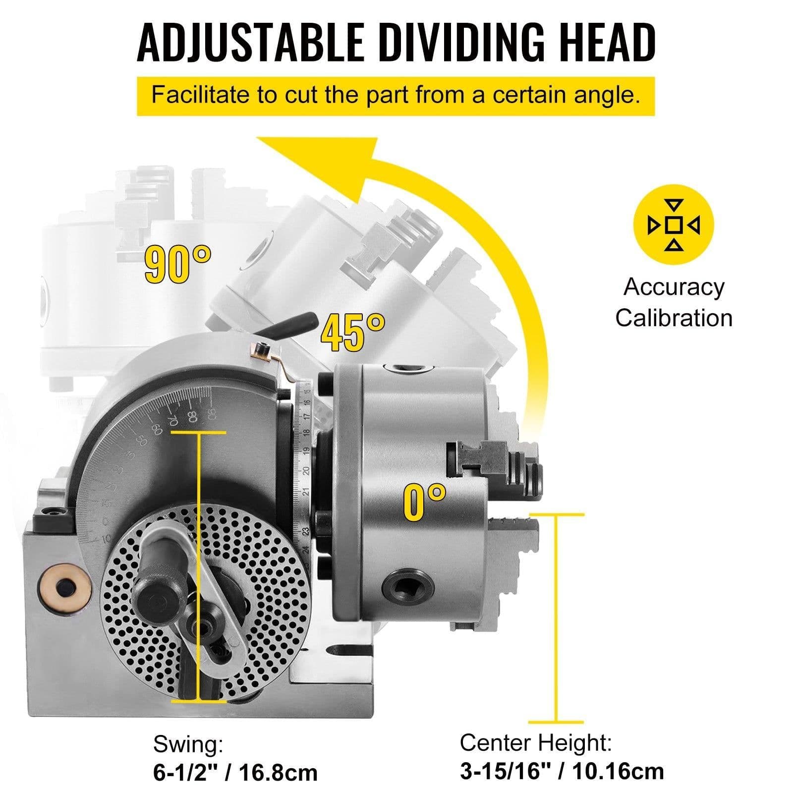 image-VEVOR Dividing Head BS-0 5Inch 3 Jaw Chuck Dividing Head Set Precision Semi Universal Dividing Head for Milling Machine Rotary Table Tailstock Milling Set (5 Inch Chuck)