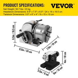 image-VEVOR Dividing Head BS-0 5Inch 3 Jaw Chuck Dividing Head Set Precision Semi Universal Dividing Head for Milling Machine Rotary Table Tailstock Milling Set (5 Inch Chuck)