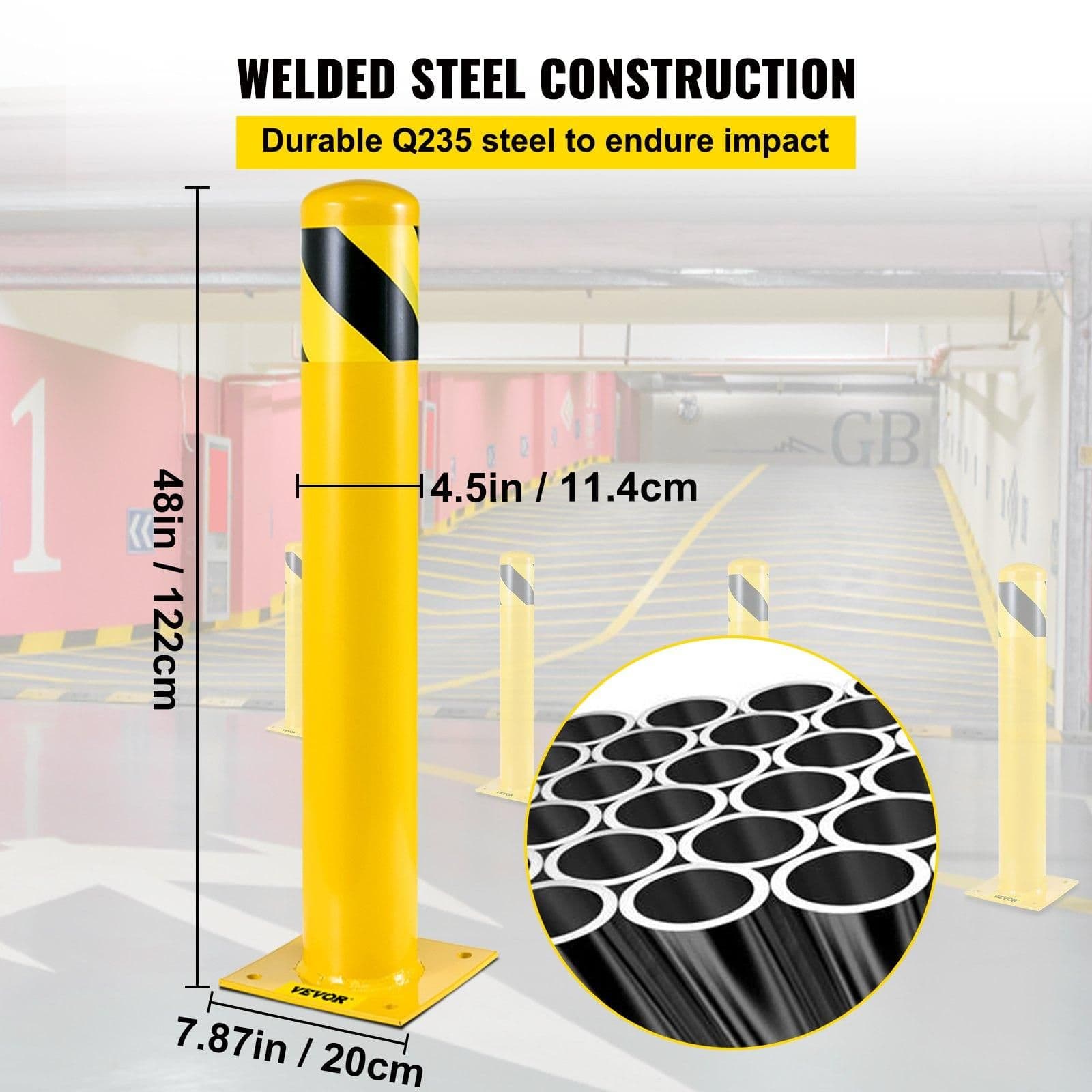 image-VEVOR Safety Bollard, 48 Inch Height Bollard Post, 4.5 Inch Diameter Steel Pipe Safety Bollard Post, Yellow Steel Bollard, Steel Safety Bollard with 8 Anchor Bolts, Perfect for Traffic-Sensitive Area
