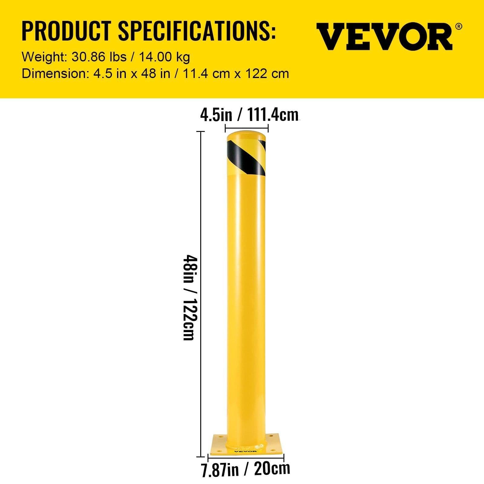 image-VEVOR Safety Bollard, 48 Inch Height Bollard Post, 4.5 Inch Diameter Steel Pipe Safety Bollard Post, Yellow Steel Bollard, Steel Safety Bollard with 8 Anchor Bolts, Perfect for Traffic-Sensitive Area