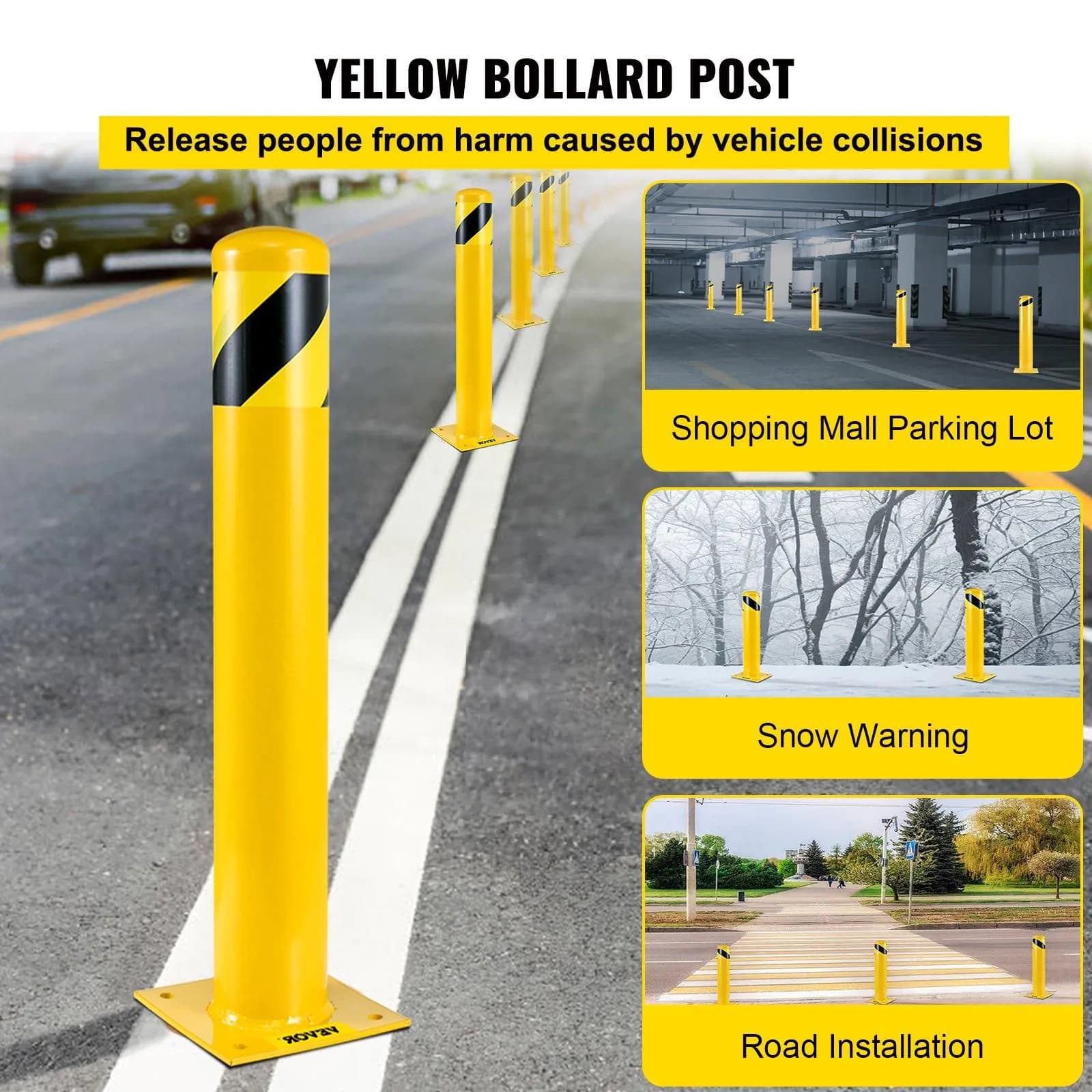 image-VEVOR Safety Bollard, 48 Inch Height Bollard Post, 5.5 Inch Diameter Steel Pipe Safety Bollard Post, Yellow Steel Bollard, Steel Safety Bollard with 8 Anchor Bolts, Perfect for Traffic-Sensitive Area