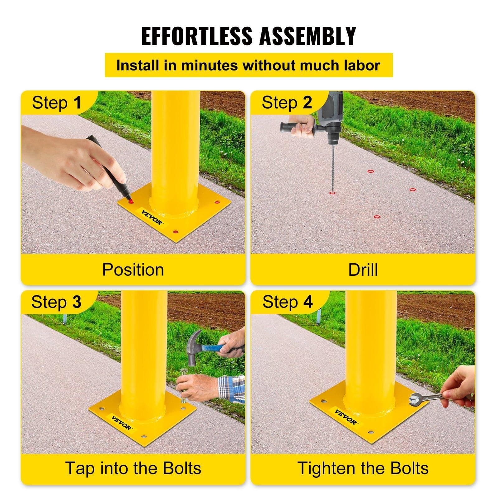 image-VEVOR Safety Bollard, 48 Inch Height Bollard Post, 5.5 Inch Diameter Steel Pipe Safety Bollard Post, Yellow Steel Bollard, Steel Safety Bollard with 8 Anchor Bolts, Perfect for Traffic-Sensitive Area