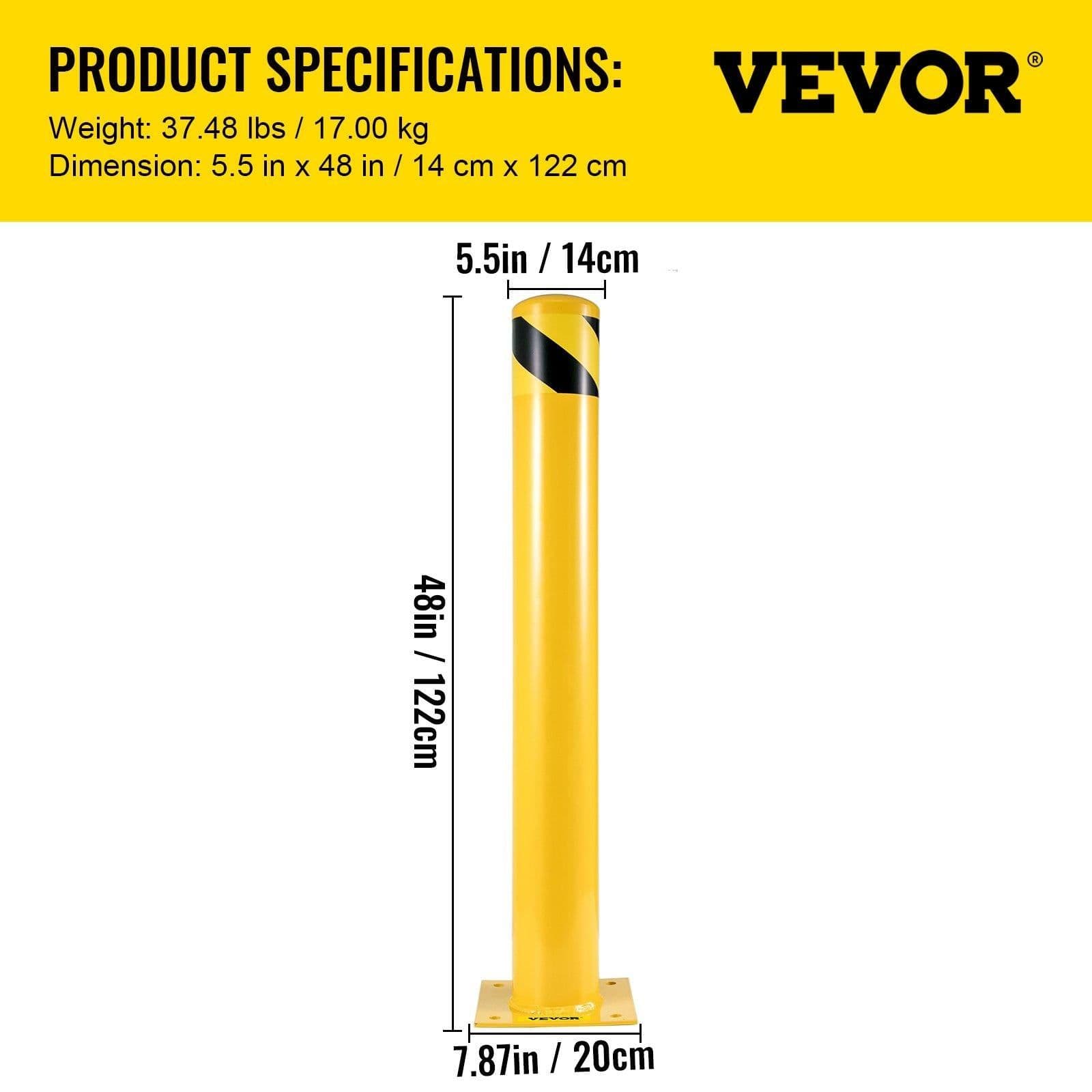 image-VEVOR Safety Bollard, 48 Inch Height Bollard Post, 5.5 Inch Diameter Steel Pipe Safety Bollard Post, Yellow Steel Bollard, Steel Safety Bollard with 8 Anchor Bolts, Perfect for Traffic-Sensitive Area