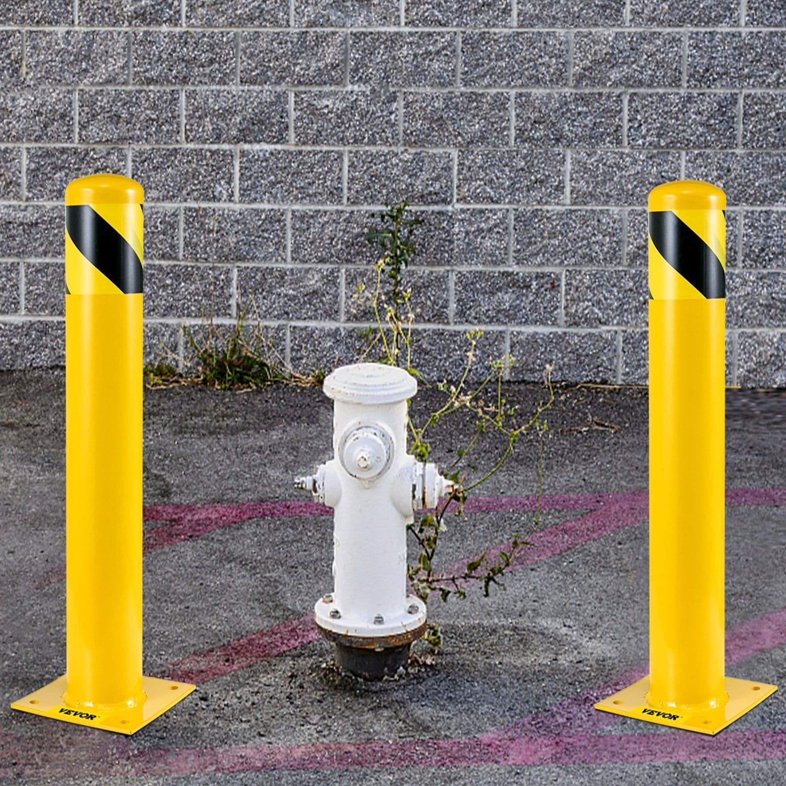 image-VEVOR Safety Bollard, 48 Inch Height Bollard Post, 5.5 Inch Diameter Steel Pipe Safety Bollard Post, Yellow Steel Bollard, Steel Safety Bollard with 8 Anchor Bolts, Perfect for Traffic-Sensitive Area