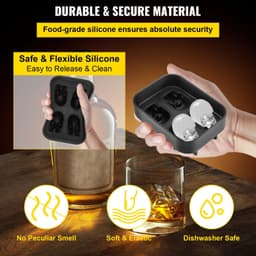 image-VEVOR Skull Ice Cube Tray, 4-Grid Skull Ice Ball Maker, Flexible Black Silicone Ice Tray with Lid & Funnel, Funny Skull Ice Cubes 1.6"x1.8" Each for Beverage, Chocolate, etc. on Parties & Holidays