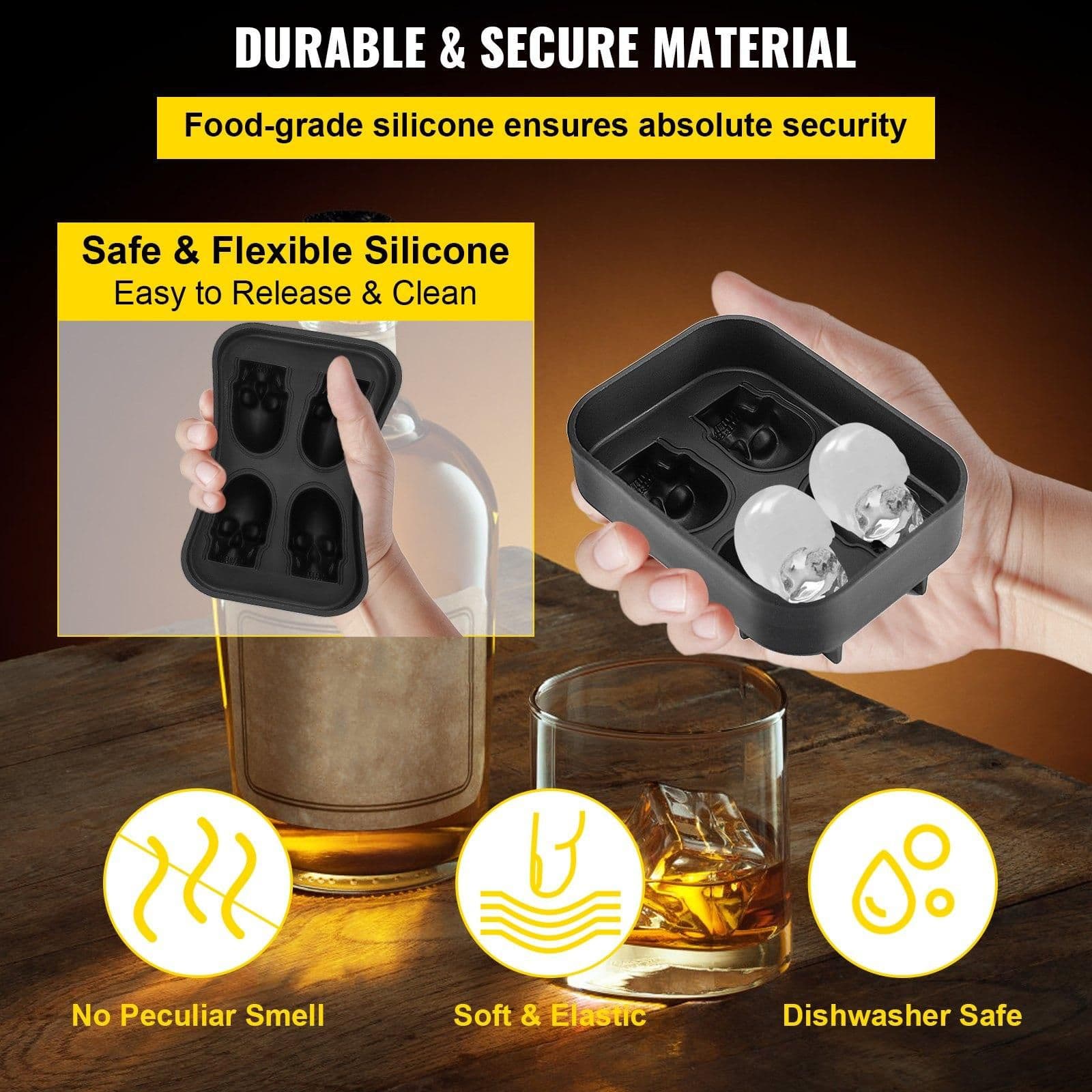 image-VEVOR Skull Ice Cube Tray, 4-Grid Skull Ice Ball Maker, Flexible Black Silicone Ice Tray with Lid & Funnel, Funny Skull Ice Cubes 1.6"x1.8" Each for Beverage, Chocolate, etc. on Parties & Holidays