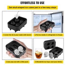 image-VEVOR Skull Ice Cube Tray, 4-Grid Skull Ice Ball Maker, Flexible Black Silicone Ice Tray with Lid & Funnel, Funny Skull Ice Cubes 1.6"x1.8" Each for Beverage, Chocolate, etc. on Parties & Holidays