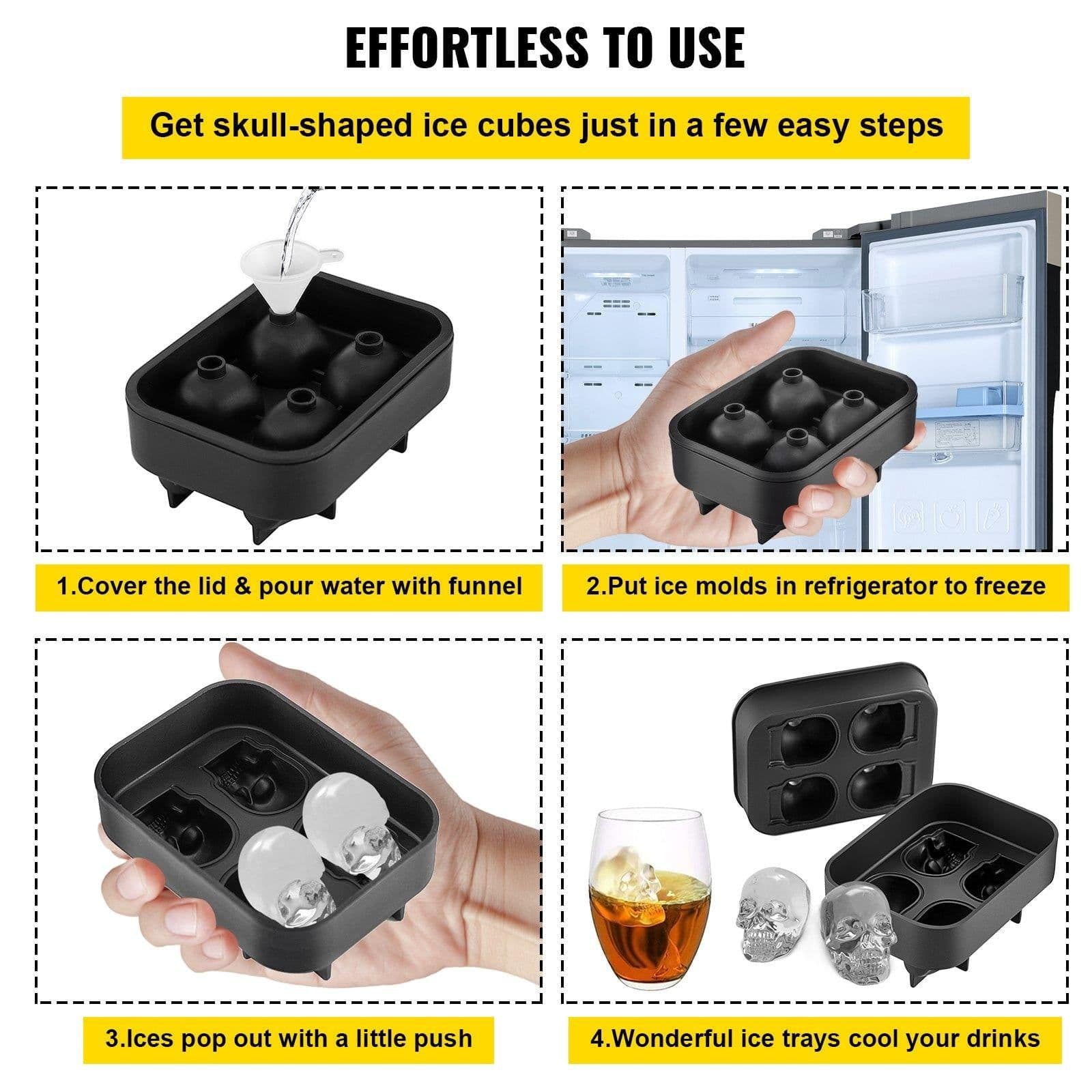 image-VEVOR Skull Ice Cube Tray, 4-Grid Skull Ice Ball Maker, Flexible Black Silicone Ice Tray with Lid & Funnel, Funny Skull Ice Cubes 1.6"x1.8" Each for Beverage, Chocolate, etc. on Parties & Holidays