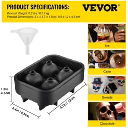 image-VEVOR Skull Ice Cube Tray, 4-Grid Skull Ice Ball Maker, Flexible Black Silicone Ice Tray with Lid & Funnel, Funny Skull Ice Cubes 1.6"x1.8" Each for Beverage, Chocolate, etc. on Parties & Holidays