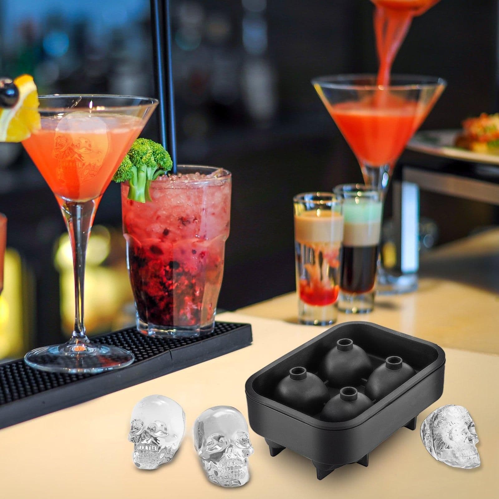 image-VEVOR Skull Ice Cube Tray, 4-Grid Skull Ice Ball Maker, Flexible Black Silicone Ice Tray with Lid & Funnel, Funny Skull Ice Cubes 1.6"x1.8" Each for Beverage, Chocolate, etc. on Parties & Holidays