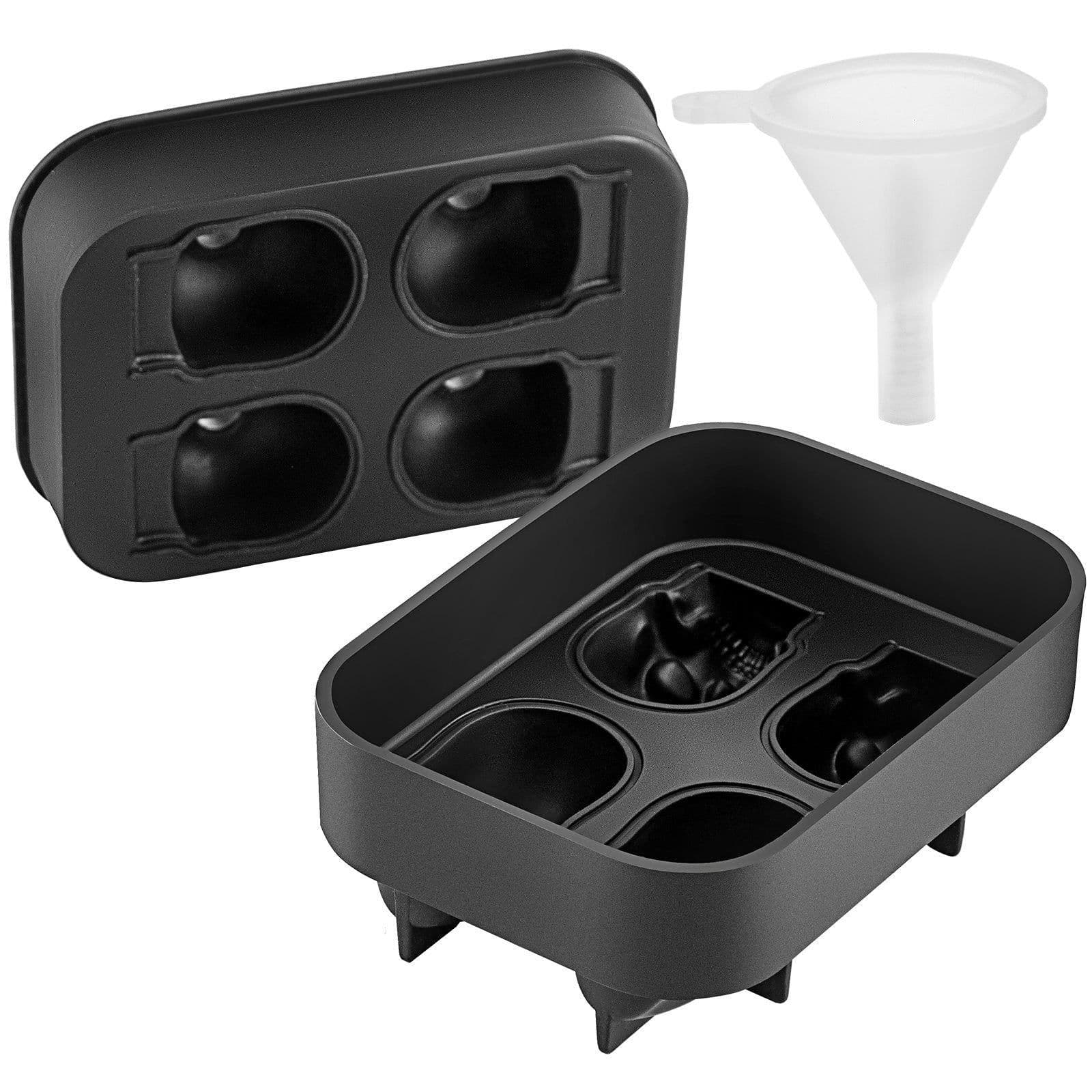 image-VEVOR Skull Ice Cube Tray, 4-Grid Skull Ice Ball Maker, Flexible Black Silicone Ice Tray with Lid & Funnel, Funny Skull Ice Cubes 1.6"x1.8" Each for Beverage, Chocolate, etc. on Parties & Holidays