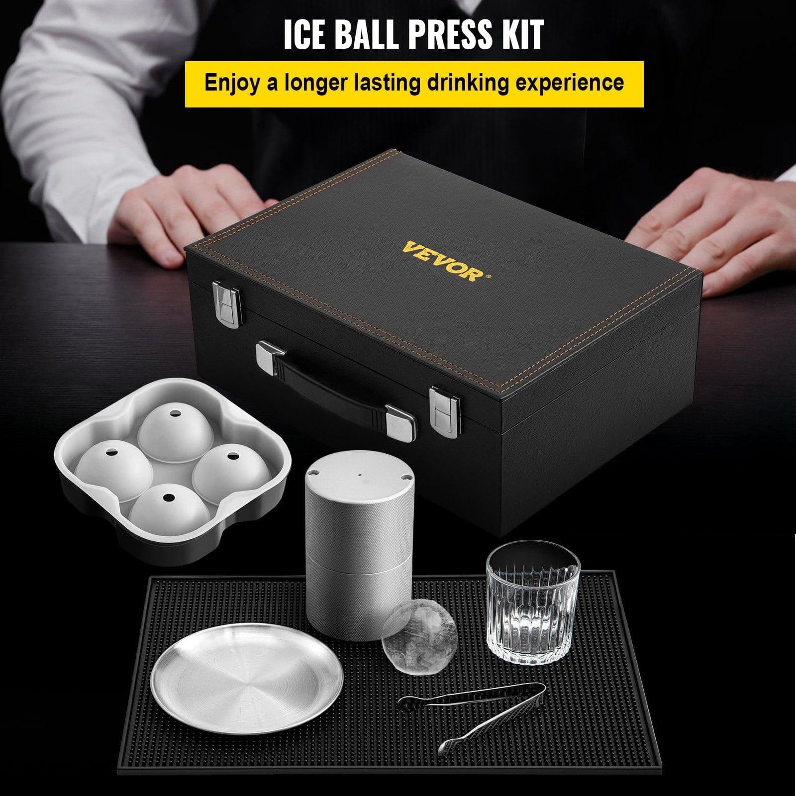 image-VEVOR Ice Ball Press Kit, Anodized 7075 Aluminum, with Silicone Moulds, Large Mat, Stainless Steel Tong & Two Glasses, Double Size Crystal Clear Rounds for Whiskeys, Cocktails on Parties & Holidays