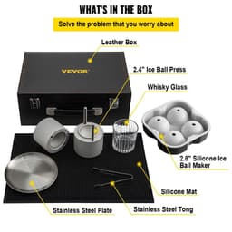image-VEVOR Ice Ball Press Kit, Anodized 7075 Aluminum, with Silicone Moulds, Large Mat, Stainless Steel Tong & Two Glasses, Double Size Crystal Clear Rounds for Whiskeys, Cocktails on Parties & Holidays