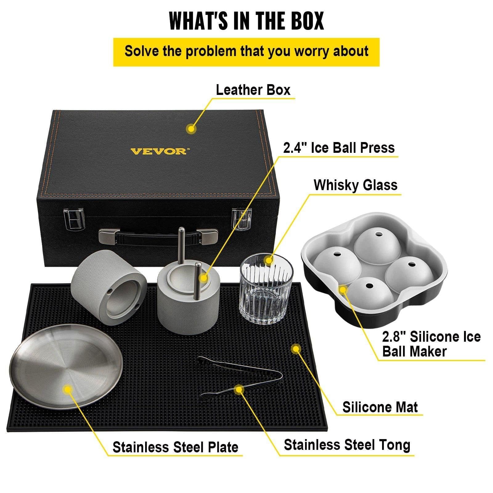image-VEVOR Ice Ball Press Kit, Anodized 7075 Aluminum, with Silicone Moulds, Large Mat, Stainless Steel Tong & Two Glasses, Double Size Crystal Clear Rounds for Whiskeys, Cocktails on Parties & Holidays