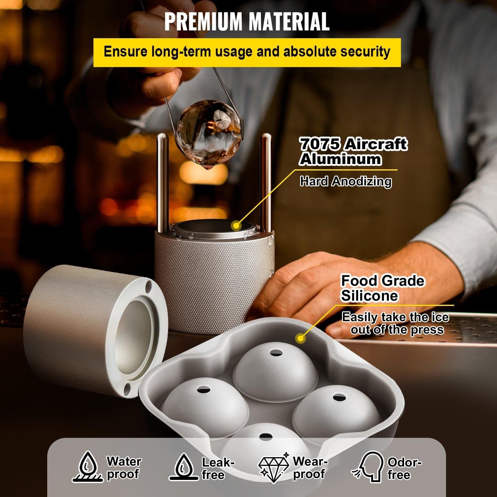 image-VEVOR Ice Ball Press Kit, Anodized 7075 Aluminum, with Silicone Moulds, Large Mat, Stainless Steel Tong & Two Glasses, Double Size Crystal Clear Rounds for Whiskeys, Cocktails on Parties & Holidays