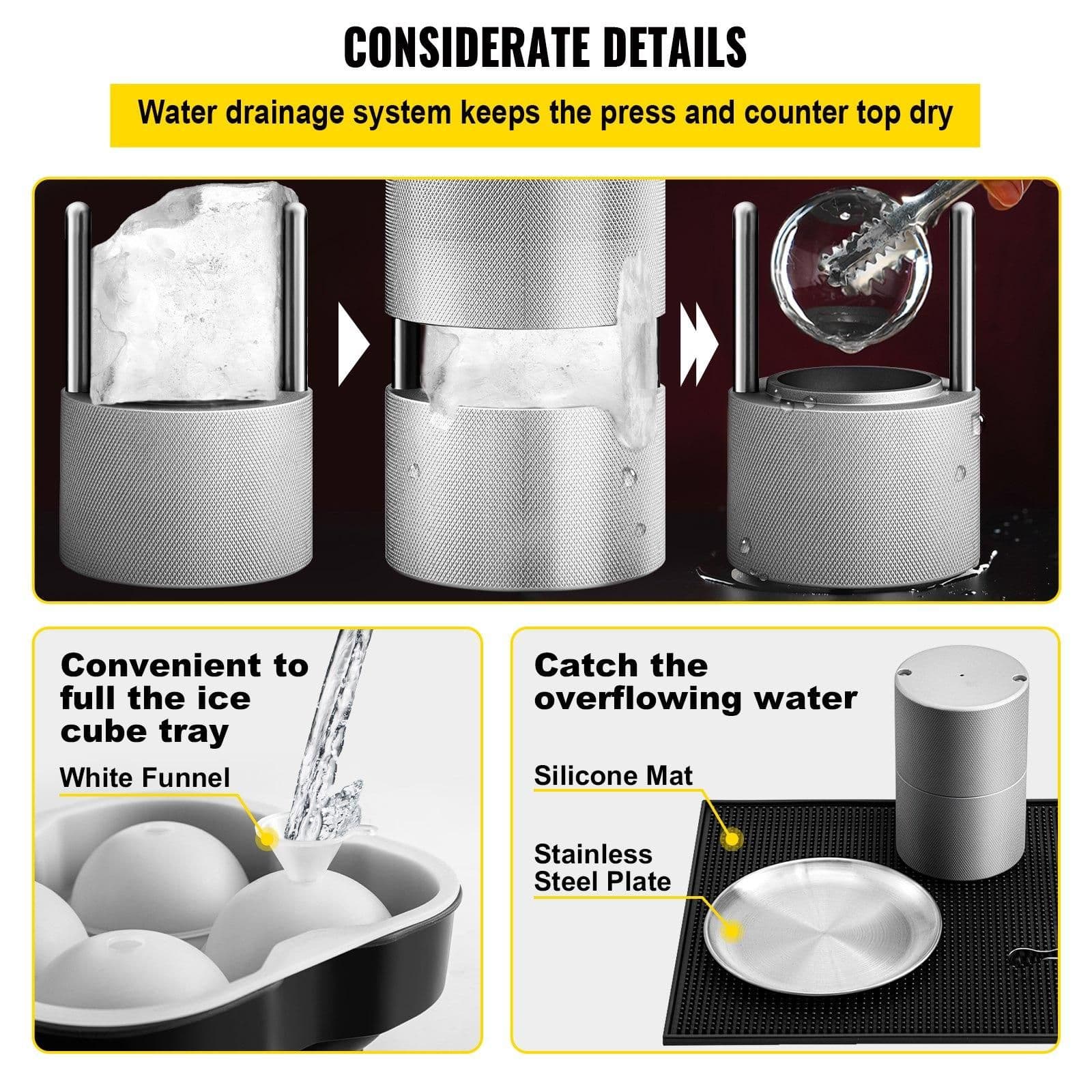 image-VEVOR Ice Ball Press Kit, Anodized 7075 Aluminum, with Silicone Moulds, Large Mat, Stainless Steel Tong & Two Glasses, Double Size Crystal Clear Rounds for Whiskeys, Cocktails on Parties & Holidays