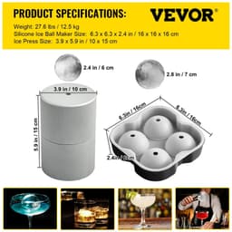 image-VEVOR Ice Ball Press Kit, Anodized 7075 Aluminum, with Silicone Moulds, Large Mat, Stainless Steel Tong & Two Glasses, Double Size Crystal Clear Rounds for Whiskeys, Cocktails on Parties & Holidays