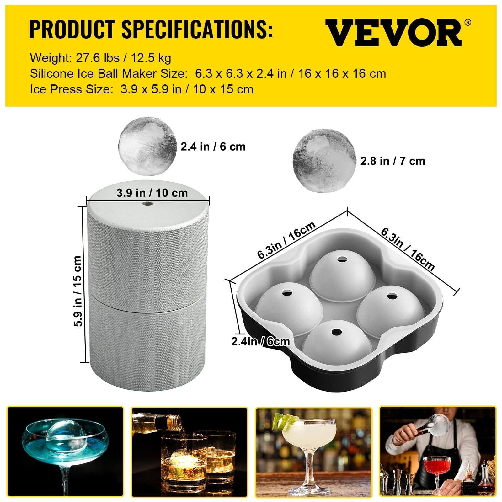image-VEVOR Ice Ball Press Kit, Anodized 7075 Aluminum, with Silicone Moulds, Large Mat, Stainless Steel Tong & Two Glasses, Double Size Crystal Clear Rounds for Whiskeys, Cocktails on Parties & Holidays