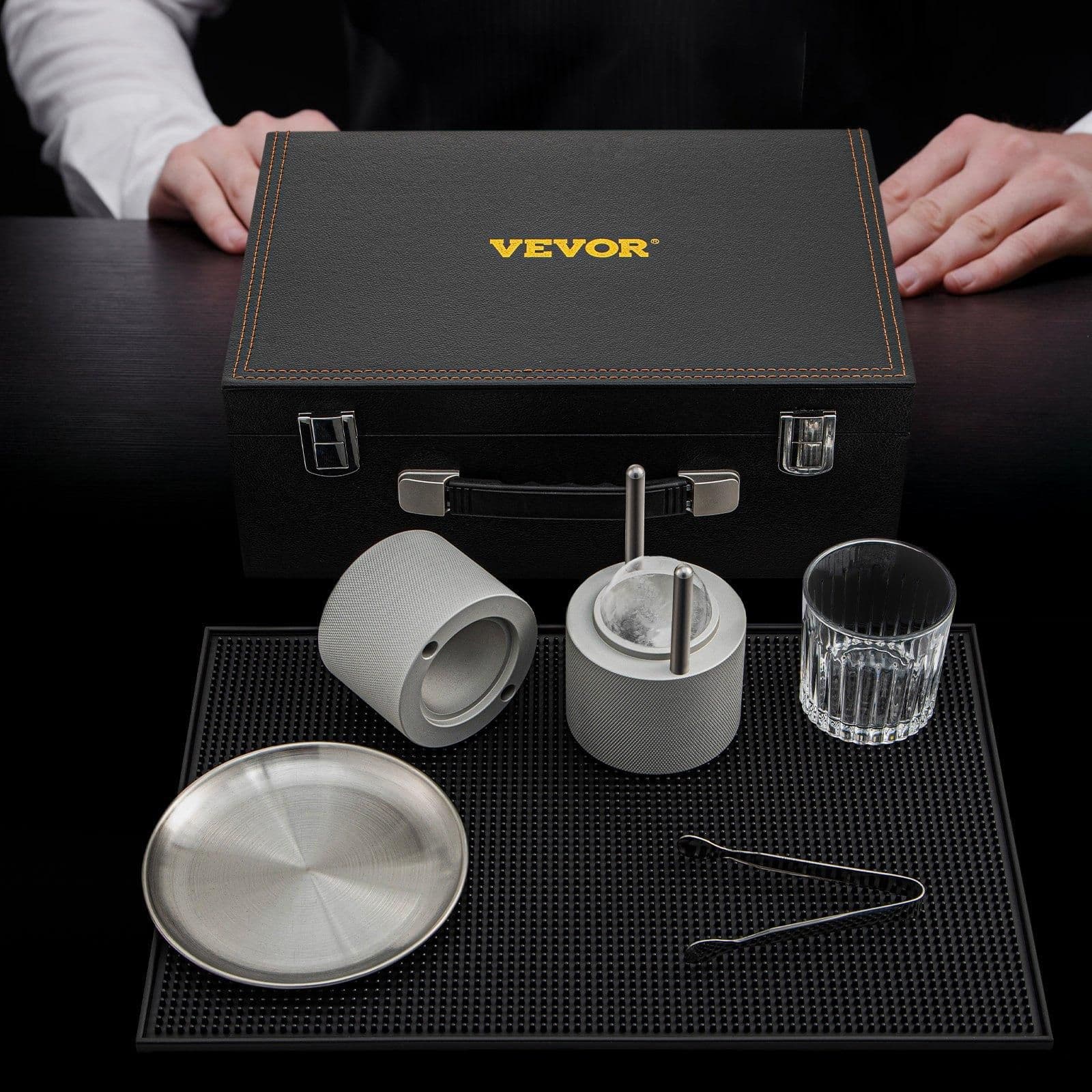 image-VEVOR Ice Ball Press Kit, Anodized 7075 Aluminum, with Silicone Moulds, Large Mat, Stainless Steel Tong & Two Glasses, Double Size Crystal Clear Rounds for Whiskeys, Cocktails on Parties & Holidays
