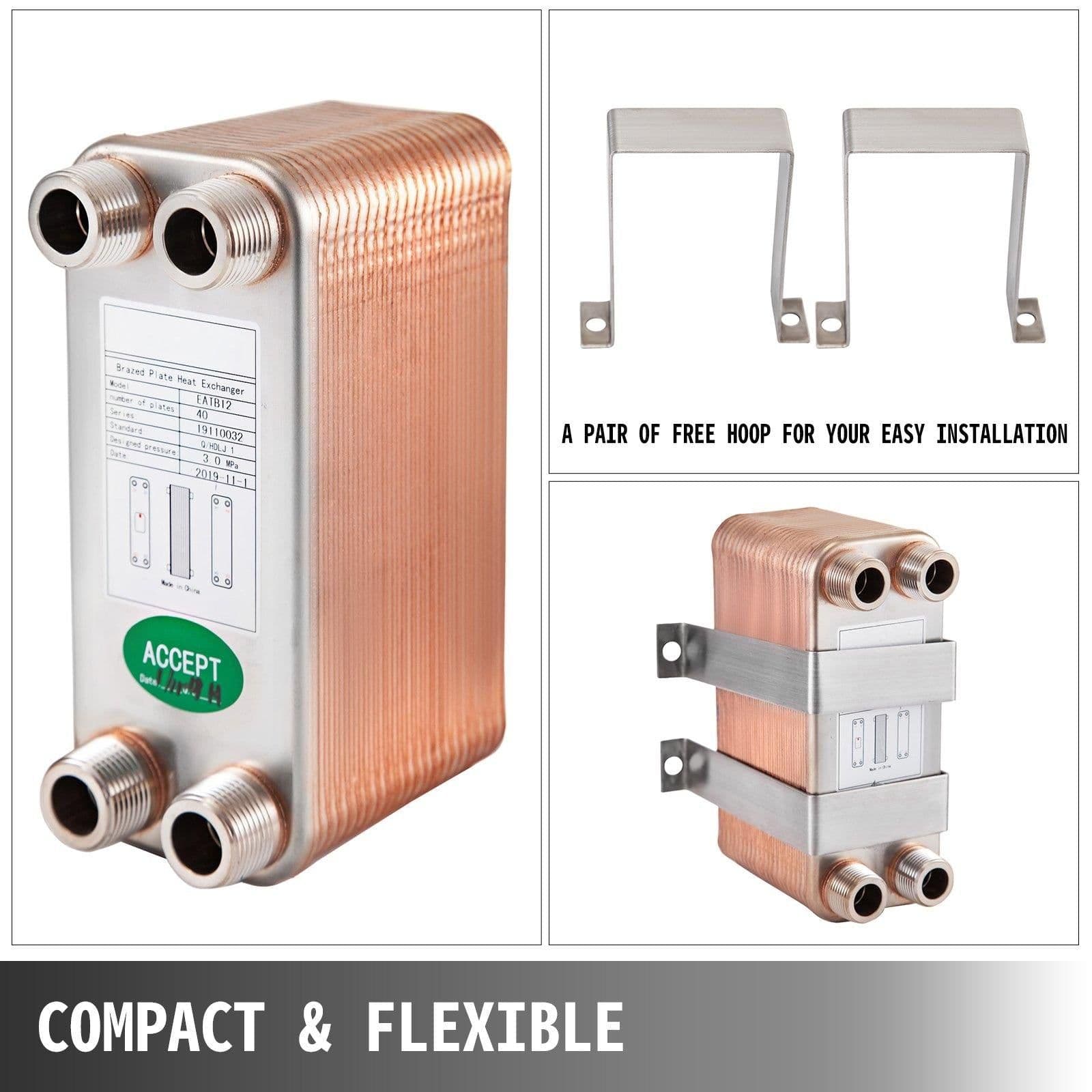 image-VEVOR Heat Exchanger 3"x7.5" 40 Plates Brazed Plate Heat Exchanger 316L 3/4" MPT Heat Exchanger B3-12A Beer Wort Chiller for Hydronic Heating