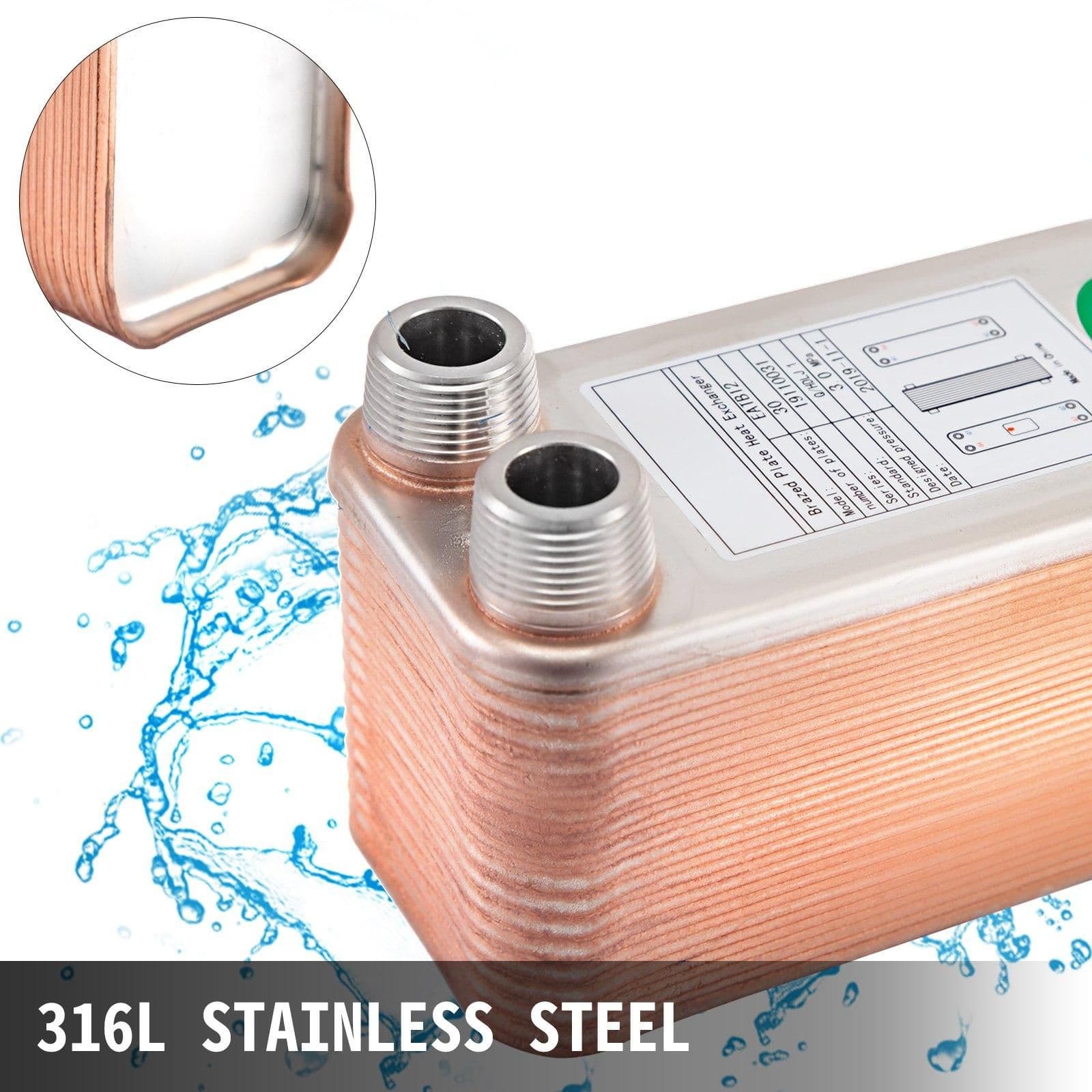 image-VEVOR Heat Exchanger 3"x7.5" 30 Plates Brazed Plate Heat Exchanger 316L 3/4" MPT Heat Exchanger B12-30 Beer Wort Chiller for Hydronic Heating