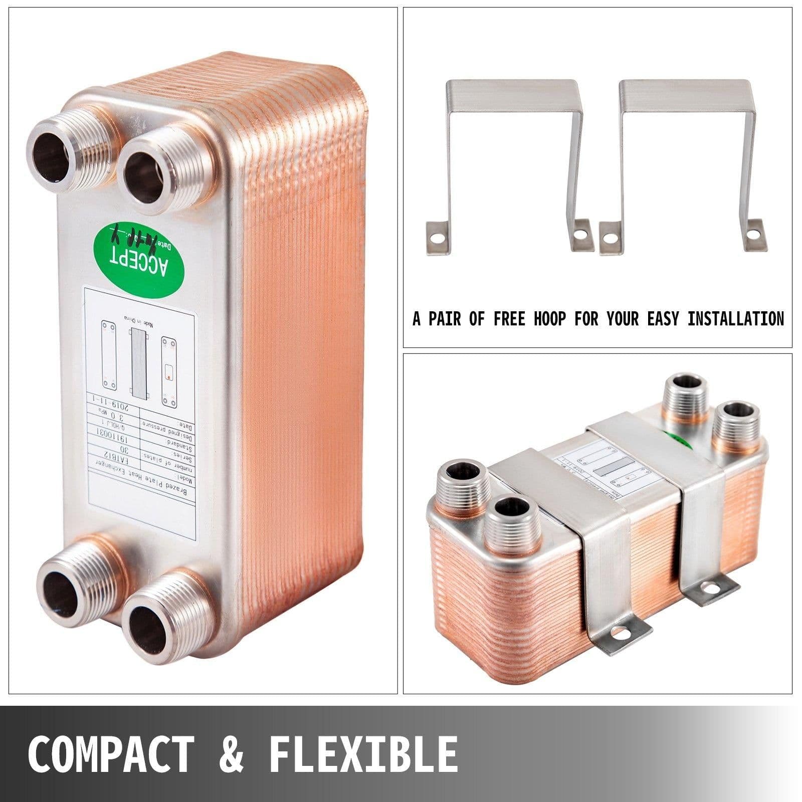 image-VEVOR Heat Exchanger 3"x7.5" 30 Plates Brazed Plate Heat Exchanger 316L 3/4" MPT Heat Exchanger B12-30 Beer Wort Chiller for Hydronic Heating