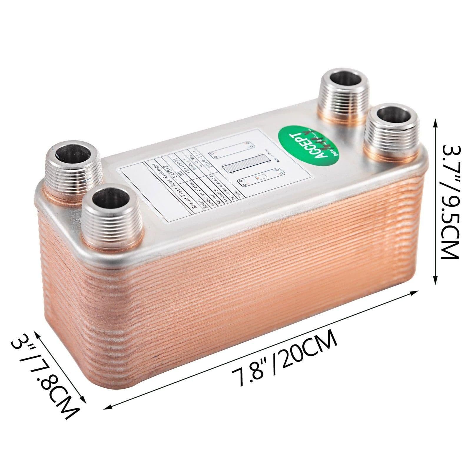 image-VEVOR Heat Exchanger 3"x7.5" 30 Plates Brazed Plate Heat Exchanger 316L 3/4" MPT Heat Exchanger B12-30 Beer Wort Chiller for Hydronic Heating