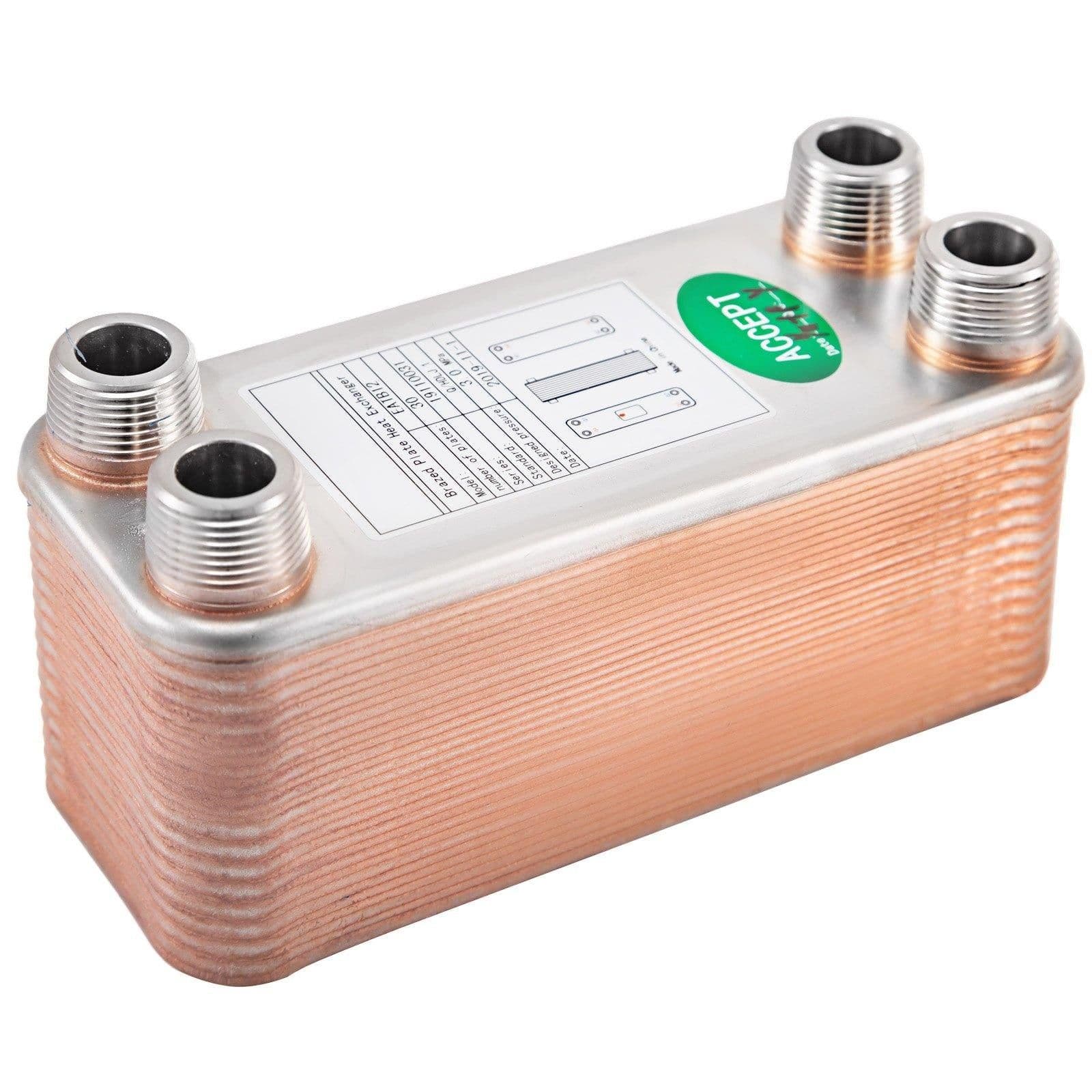 image-VEVOR Heat Exchanger 3"x7.5" 30 Plates Brazed Plate Heat Exchanger 316L 3/4" MPT Heat Exchanger B12-30 Beer Wort Chiller for Hydronic Heating
