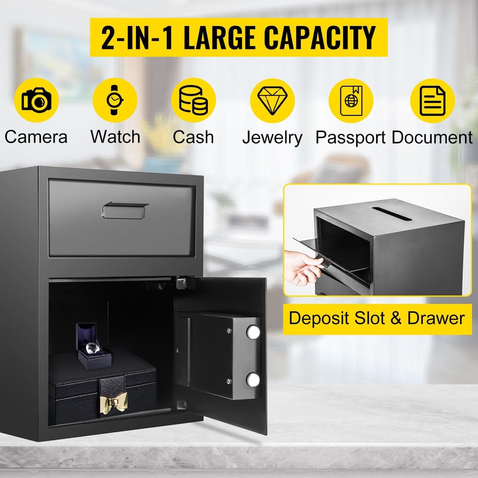image-VEVOR Digital Depository Safe 1.7 Cubic Feet Made of Carbon Steel Electronic Code Lock Depository Safe with Deposit Slot with Two Emergency Keys Depository Box for Home Hotel Restaurant and Office