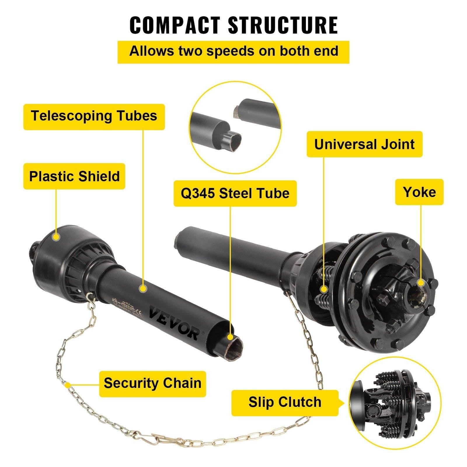image-VEVOR PTO Shaft, 1-3/8" PTO Drive Shaft, 6 Spline Both Ends PTO Driveline Shaft, Series 5 Tractor PTO Shaft, 43"-57" Brush Hog PTO Shaft, Black PTO Shaft with Slip Clutch for Bush Hog/Finish Mower