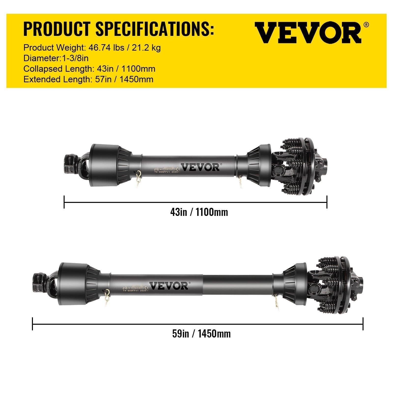 image-VEVOR PTO Shaft, 1-3/8" PTO Drive Shaft, 6 Spline Both Ends PTO Driveline Shaft, Series 5 Tractor PTO Shaft, 43"-57" Brush Hog PTO Shaft, Black PTO Shaft with Slip Clutch for Bush Hog/Finish Mower