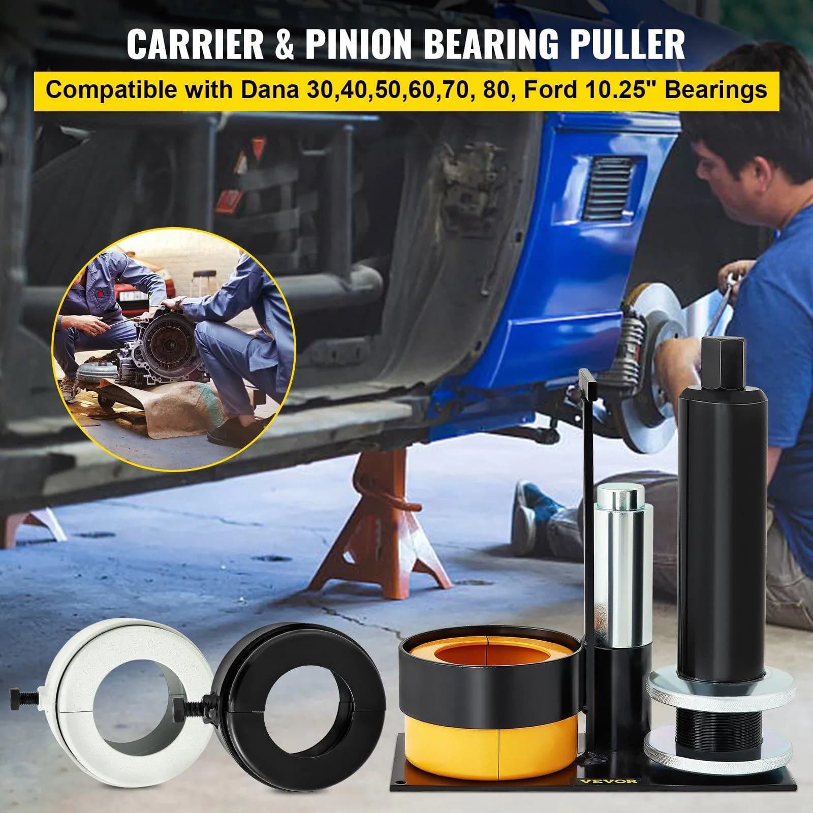image-VEVOR Carrier & Pinion Bearing Puller, Compatible with Dana 30,40,50,60,70, 80, Ford 10.25" Bearings, Pinion Puller Tool with 3 Clamshells, 45# Steel Clamshell Bearing Puller for Auto Repair