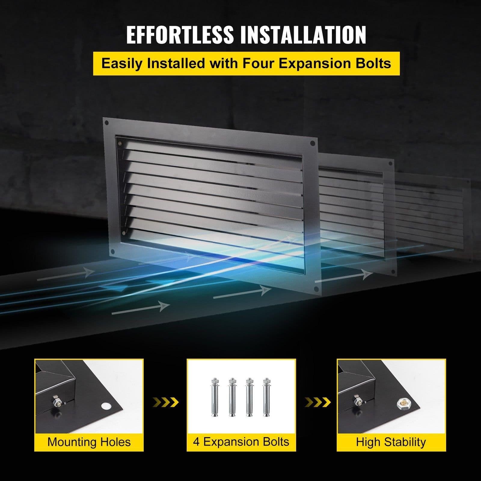 image-VEVOR Foundation Flood Vent, 8" Height x 16" Width Flood Vent, to Reduce Foundation Damage and Flood Risk, Black, Wall Mounted Flood Vent, for Garages & Full Height Enclosures