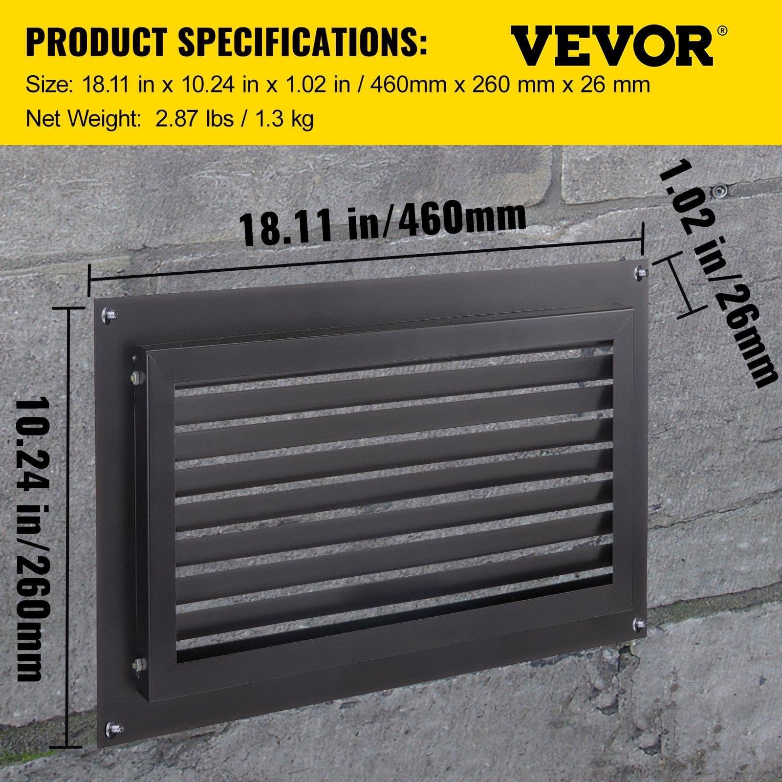 image-VEVOR Foundation Flood Vent, 8" Height x 16" Width Flood Vent, to Reduce Foundation Damage and Flood Risk, Black, Wall Mounted Flood Vent, for Garages & Full Height Enclosures