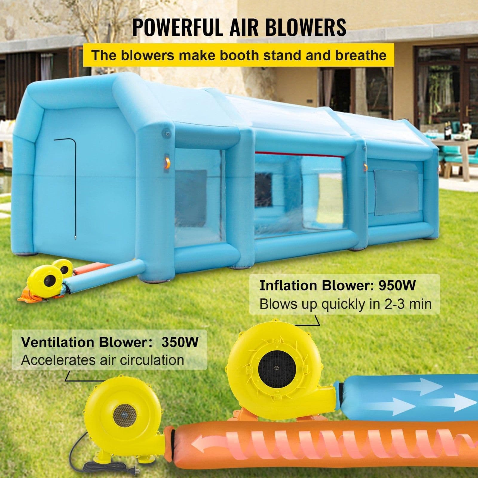 image-VEVOR 26x15x10ft Portable Inflatable Paint Booth,Inflatable Spray Booth, Car Paint Tent with Air Filter System & 2 Blowers, Upgraded Blow Up Spray Booth Tent, Auto Paint Workstation, Car Parking Gara