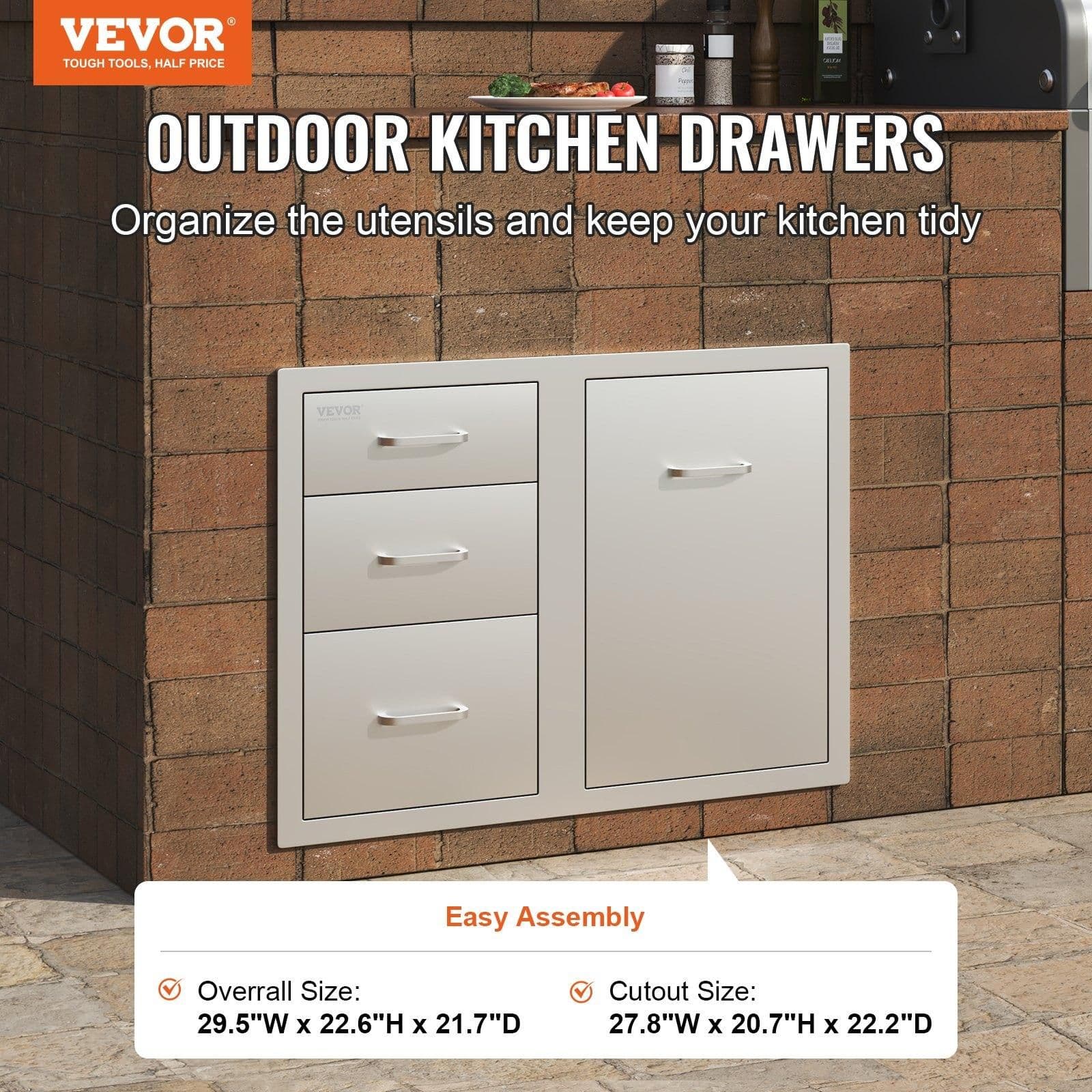 image-VEVOR Outdoor Kitchen Door Drawer Combo 29.5" W x 22.6" H x 21.7''D, Access Door/Triple Drawers with Propane Drawer and Adjustable Garbage Ring, Perfect for BBQ Island Patio Grill Station