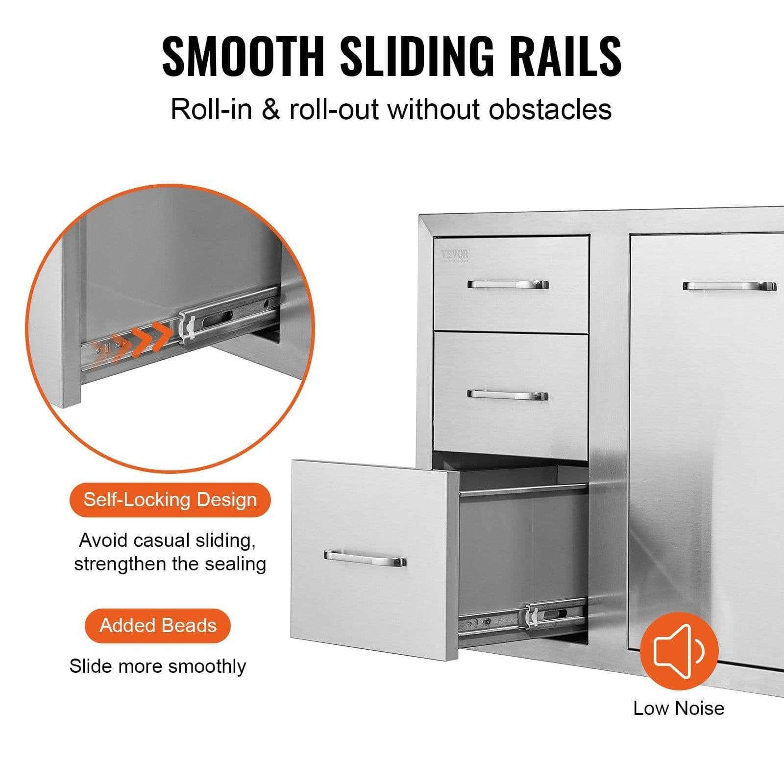 image-VEVOR Outdoor Kitchen Door Drawer Combo 29.5" W x 22.6" H x 21.7''D, Access Door/Triple Drawers with Propane Drawer and Adjustable Garbage Ring, Perfect for BBQ Island Patio Grill Station